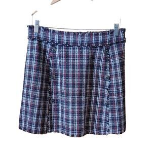 Hayden Los Angeles Plaid Tweed Mini Skirt L Brown Fringe Hem Juniors Size Large